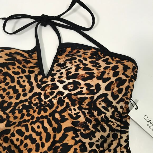 Calvin Klein Tankini Top Small Halter Bandeau Ruched V Notch Wire Animal Leopard - Picture 3 of 11